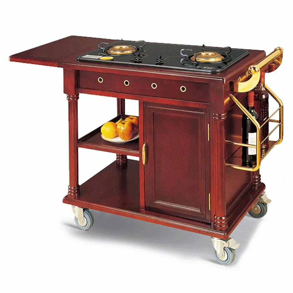 HZ-G21 WOODEN FLAMBE TROLLEY WITH 2 GAS STOVE