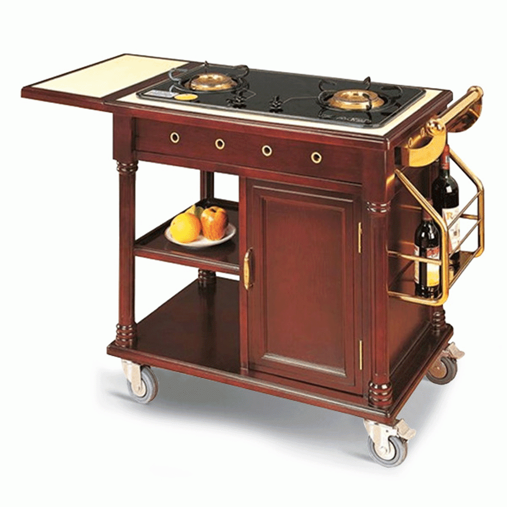 HZ-G26 WOODEN FLAMBE TROLLEY WITH 2 GAS STOVE