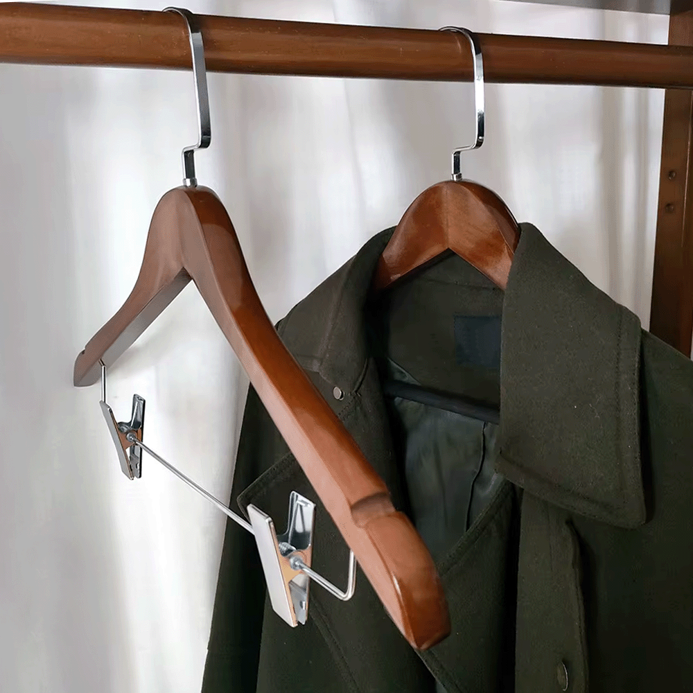 WOODEN CLOTHES HANGER WITH CLIPS & SHOULDER NOTCHES 44.5x2cm