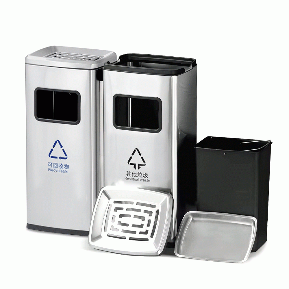 SKU: HS-12 TWO COMPARTMENTS RECYCLE WASTE BIN WITH ASHTRAY