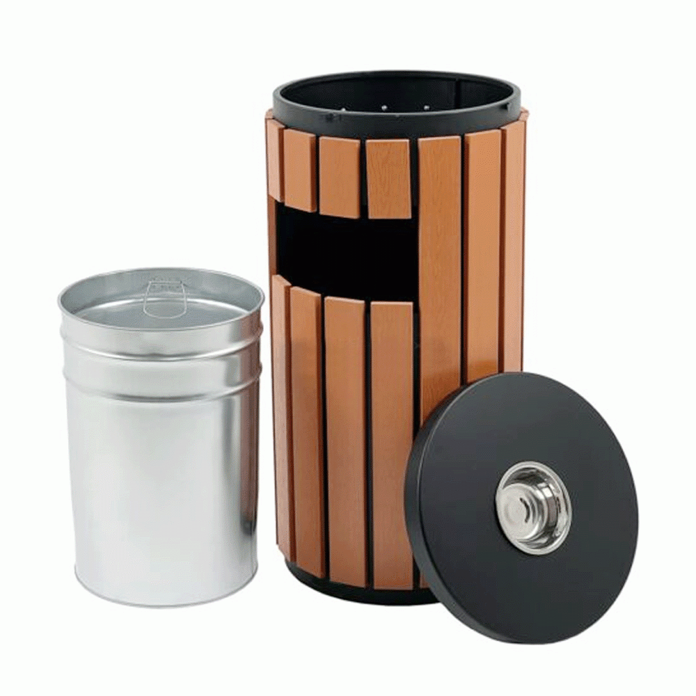 SKU: HS-126B OUTDOOR WOOD & ZINC-IRON TRASH CAN BIN WITH ASHTRAY 33Ltr