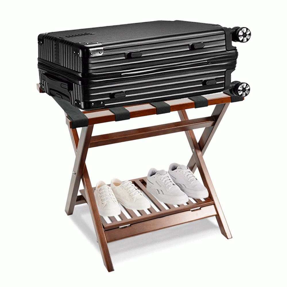 SKU: HS-8A WOODEN LUGGAGE RACK WITH SHELF BROWN