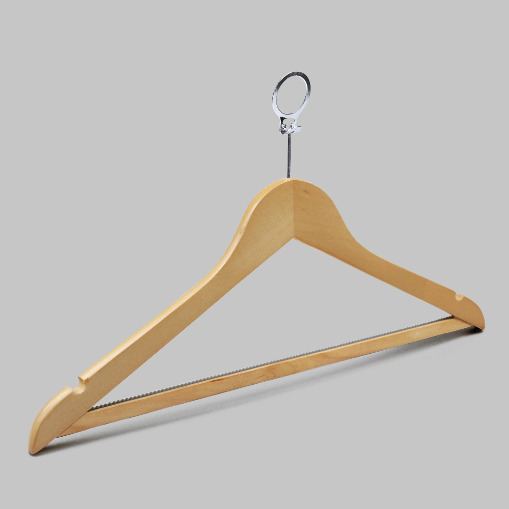 ANTI-THEFT WOODEN CLOTHES HANGER WITH SHOULDER NOTCHES AND ANTI-SLIP STRIP BAR 44.5×2.0cm