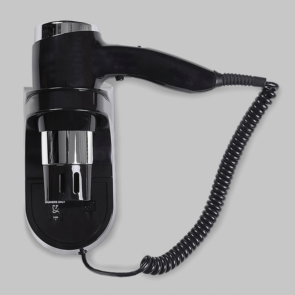 SKU: D07B WALL MOUNTED HAIR DRYER 1200W WITH SHAVER SOCKET 220V BLACK