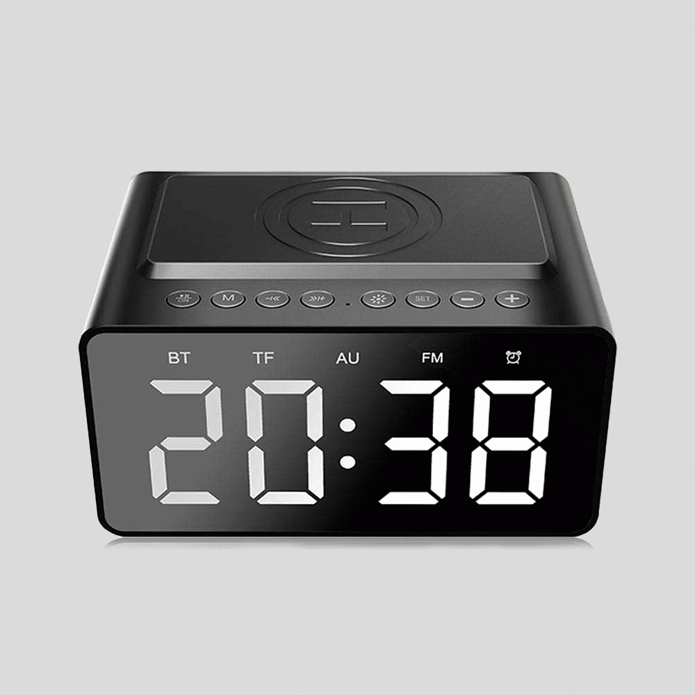 BT508 DIGITAL ALARM CLOCK, RADIO, WIRELESS CHARGING & USB FAST CHARGER, BLUETOOTH SPEAKER, TF CARD & AUX