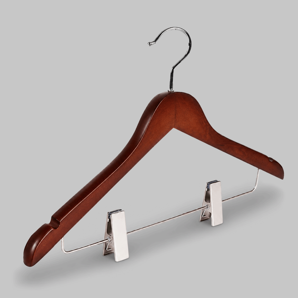 WOODEN CLOTHES HANGER WITH CLIPS & SHOULDER NOTCHES 44.5x2cm