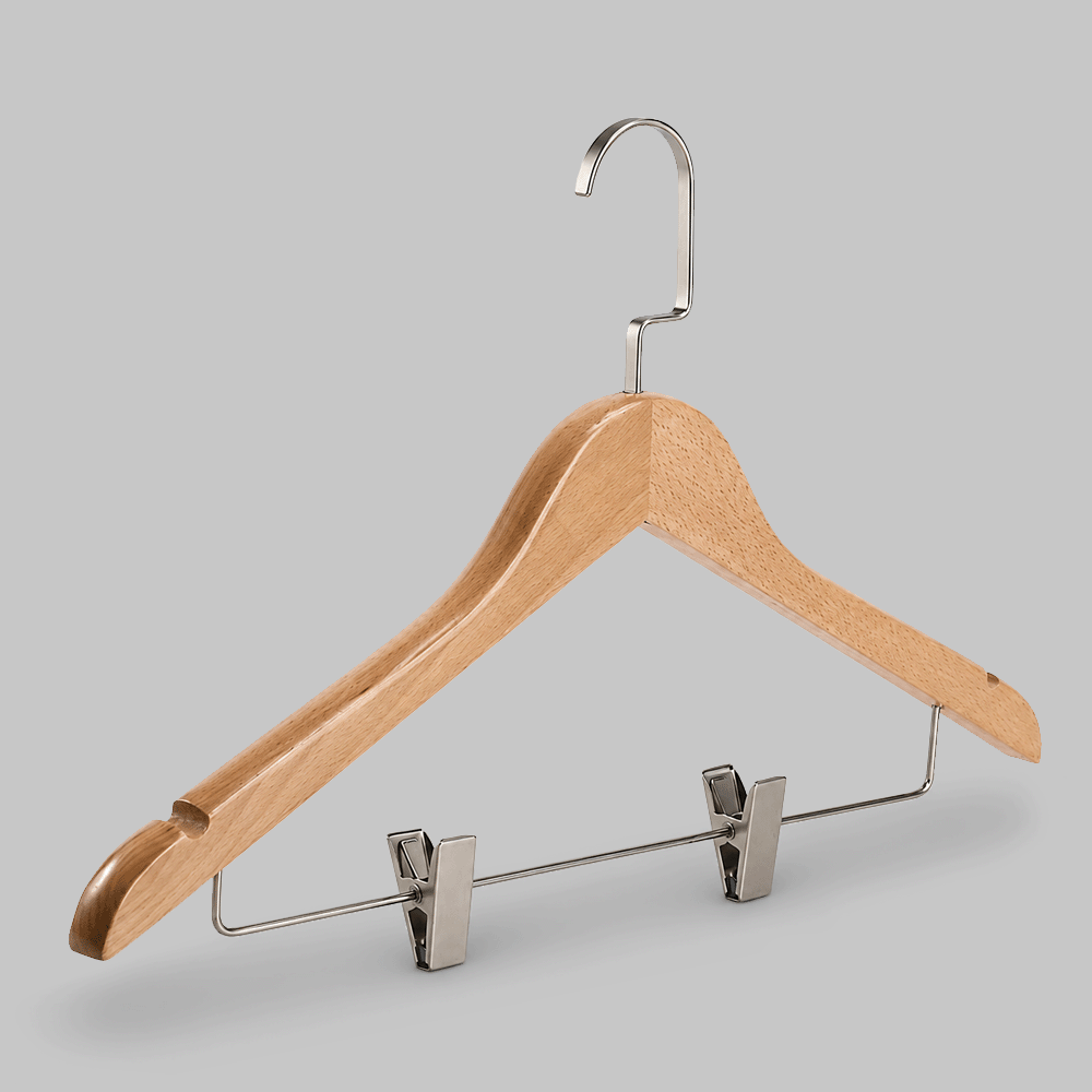 WOODEN CLOTHES HANGER WITH CLIPS & SHOULDER NOTCHES 44.5x2cm