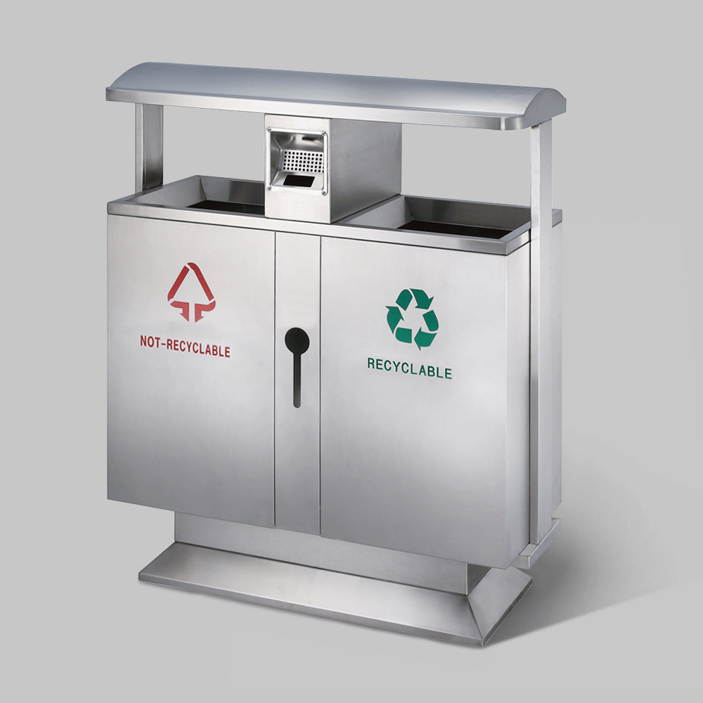SKU: HS-A33 TWO COMPARTMENTS RECYCLE WASTE BIN WITH ASHTRAY