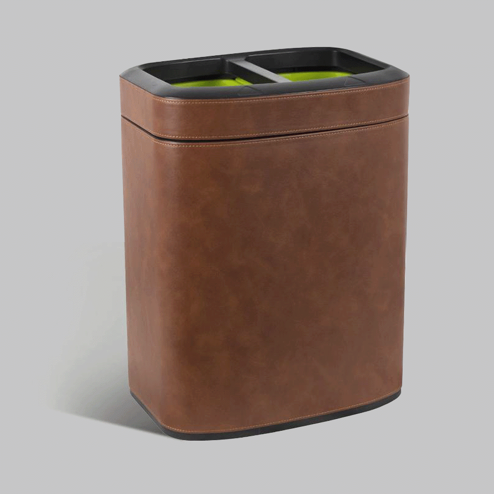 SKU: RD-17 OPEN TOP 2 COMPARTMENTS PU LEATHER RECYCLE WASTE BIN