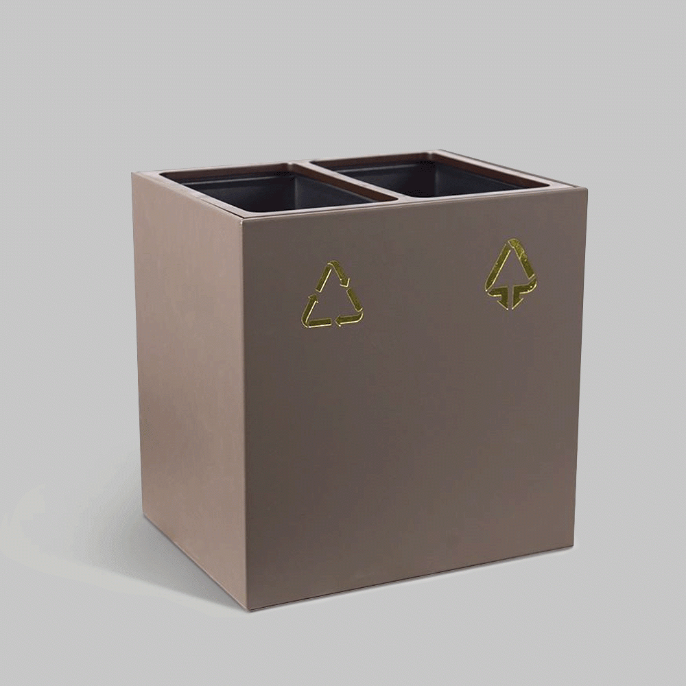 SKU: RD-14 OPEN TOP 2 COMPARTMENTS PU LEATHER RECYCLE WASTE BIN