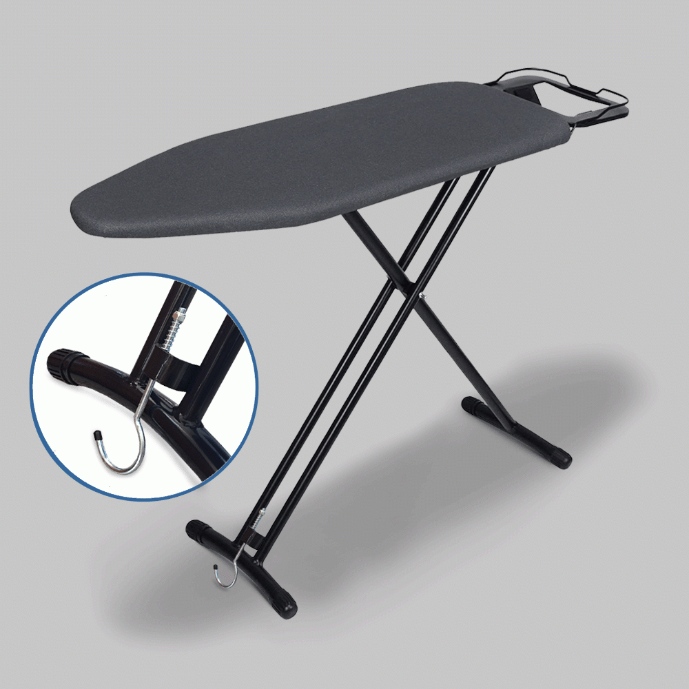 SKU: IB08B IRONING BOARD WITH IRON REST & HANGING HOOK - BOARD SIZE:110x34cm