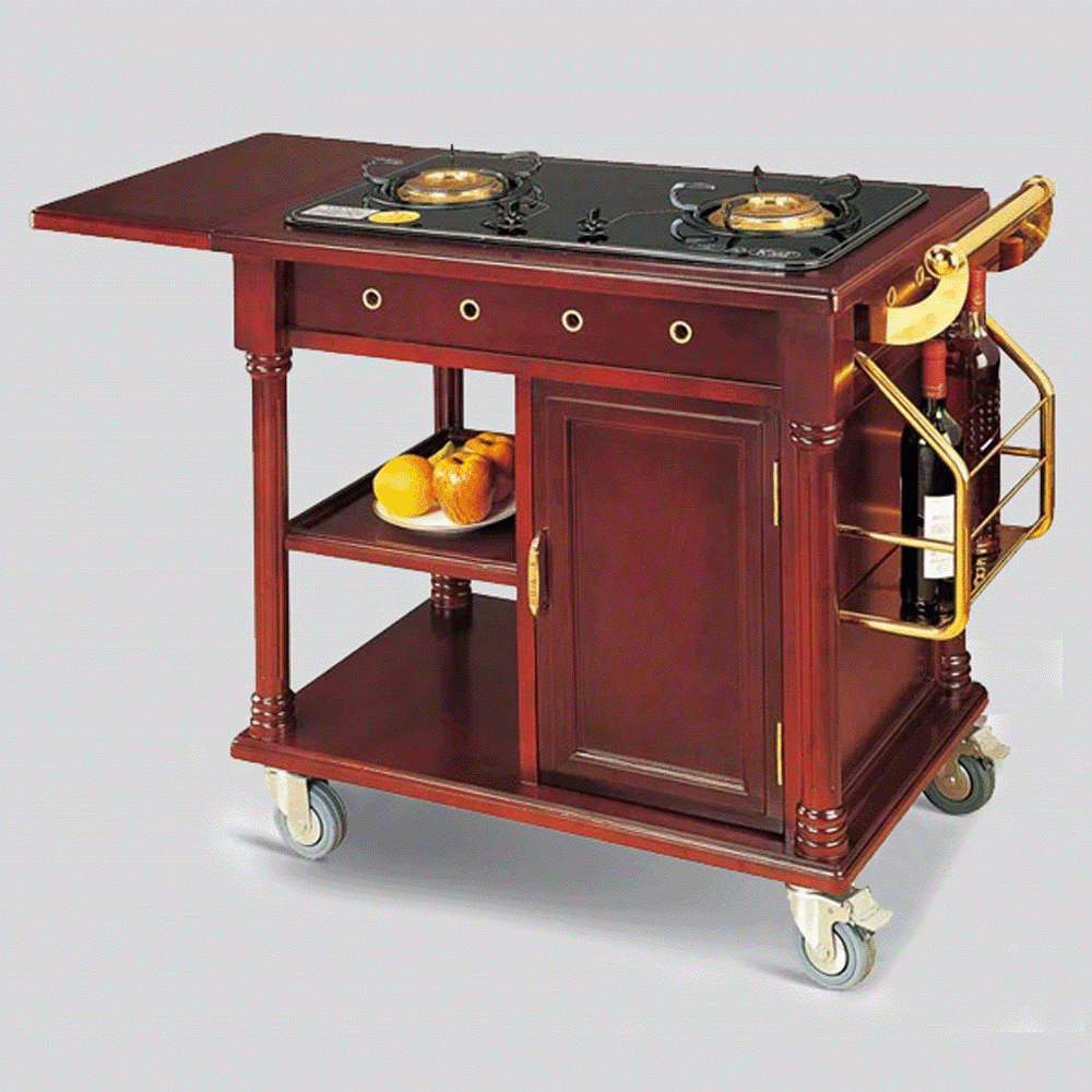 HZ-G21 WOODEN FLAMBE TROLLEY WITH 2 GAS STOVE