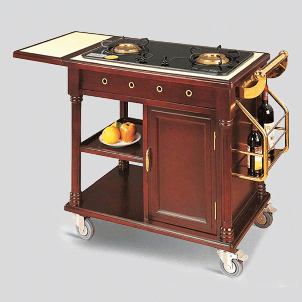 HZ-G26 WOODEN FLAMBE TROLLEY WITH 2 GAS STOVE